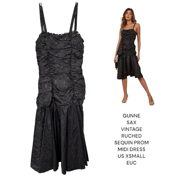 GUNNE SAX VINTAGE BLACK RUCHED CORSET SEQUIN MIDI FORMAL PROM DRESS XS/JUNIOR‎ 7 - Picture 1 of 6